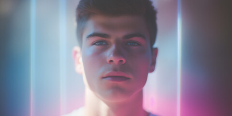 Young man with intense gaze, lit by the cool hues of pink and blue neon lights