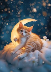 A whimsical 3D cat avatar perched on a crescent moon, with a starry night background, inspiring a se