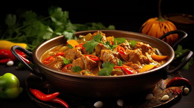 Homemade curry in plate on wooden table background.  Created with Generative AI
