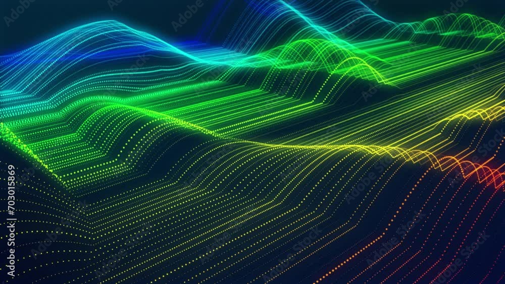 Poster stunning surface composed of neon glow particles that form waves of light. captivating seamless loop