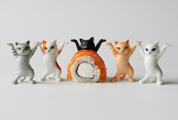 Piece of Philadelphia salmon roll next to funny toy dancing kittens with their paws raised. Photo....