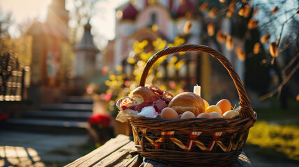 Traditional Orthodox Easter Holiday Basket with Pascha Bread, Painted Eggs, Ham, Cheese, Salt and Candle. In front of a Catholic Church on a Sunny Spring Day Surrounded by Blooming Flowers.