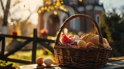 Traditional Orthodox Easter Holiday Basket with Pascha Bread, Painted Eggs, Ham, Cheese, Salt and Candle. In front of a Catholic Church on a Sunny Spring Day Surrounded by Blooming Flowers.