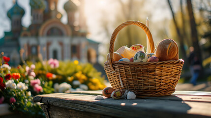 Traditional Orthodox Easter Holiday Basket with Pascha Bread, Painted Eggs, Ham, Cheese, Salt and Candle. In front of a Catholic Church on a Sunny Spring Day Surrounded by Blooming Flowers.
