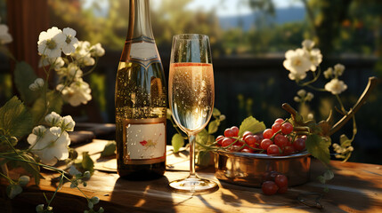 Champagne Bottle and Glass Set Against the Picturesque Backdrop of a Vineyard, Inviting a Toast to the Bounty of Grapes and the Beauty of the Winemaking Landscape