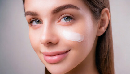 Woman applying cream, close up of face, skin care concept