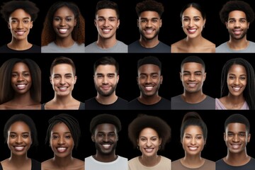 Collage With Smiling African American People Faces Over Black Backgrounds, Set Of Happy Young African American Men And Women Portraits In A Row - obrazy, fototapety, plakaty