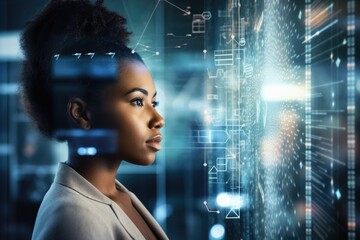 Black History Month, Digital transformation. Girl having fun interact scrolling digital overlay display to watch post stories