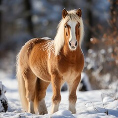 A red Haflinger horse with a white mane runs across a snowy field, dynamic and picturesque in movement and freedom in the winter landscape. Concept: equestrian sport