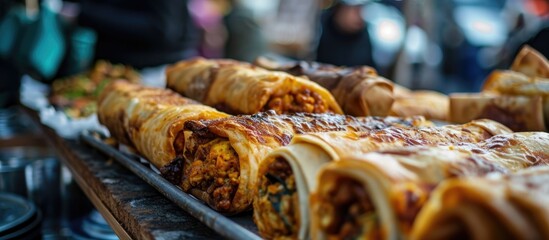 Curry rolls showcased at Broadway market in East London. - obrazy, fototapety, plakaty