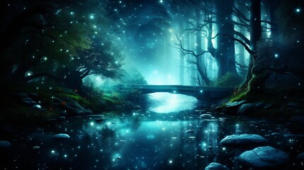 Obraz premium Enchanted forest clearing with fireflies, fairies, and woodland creatures in midnight celebration