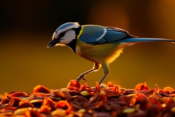 Charming Winter Scene. Blue Tit Bird Feeding on Delicious Seeds in Stunning Close-Up - obrazy, fototapety, plakaty