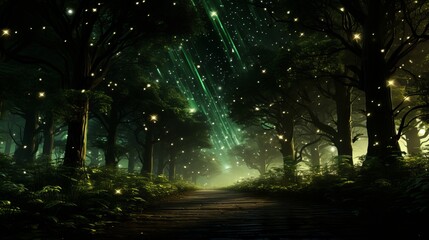 Obraz premium Enchanted forest clearing at midnight with fireflies and fairies celebrating under shimmering aura
