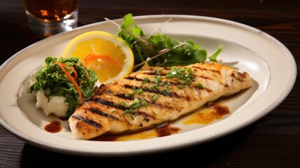  a white plate topped with a piece of fish next to a salad and a glass of orange juice on top of a wooden table.