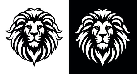 Obraz premium Lion head vector line art illustration isolated on dark and white background. Lion face and mane business logo design template.