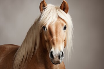 A noble white horse of the Haflinger breed stands in full growth against the backdrop of a summer field, an elegant animal with a proud look in its natural habitat. Concept: equestrian sport