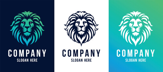 Lion head vector line art illustration isolated on dark and white background. Lion face and mane business logo design template. - obrazy, fototapety, plakaty