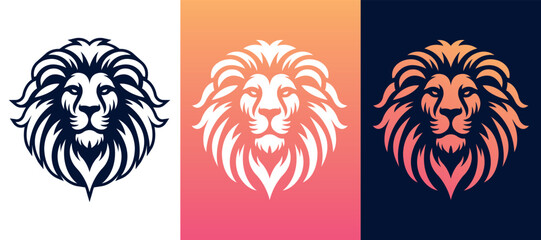 Lion face front view logotype line art eps vector art image illustration. Lion head with mane hair business company logo design and brand identity graphic. - obrazy, fototapety, plakaty