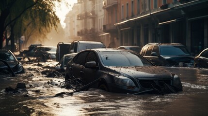 A destroyed and flooded car on the street, a natural disaster