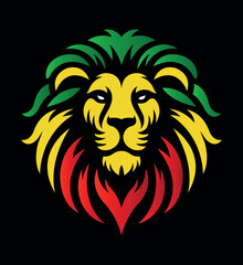 Fototapeta premium Jamaican reggae rasta lion head front view with rastafarian colors on dark background. Lion of Judah face eps vector art image illustration.