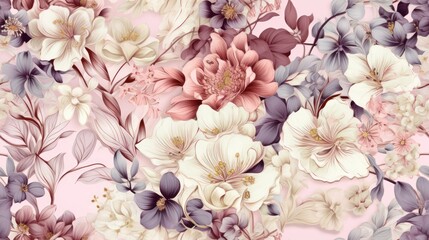  a close up of a flower pattern on a pink wallpaper with white, purple, and pink flowers on a light pink background.