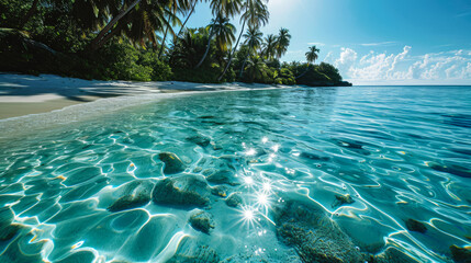 Fototapeta premium Beach of an Island in the Tropical Caribbean Tropical Island Dreamlike Landscape Wallpaper Background Brainstorming Family Digital Art Magazine Poster