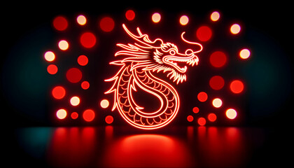 Chinese new year dragon neon sign with bokeh lights.
