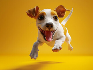 jack russell terrier puppy inspire profound and positive emotions; happy funny dog jumping happy isolated on yellow background. Wonder and joy concept. Small adorable dog portrait