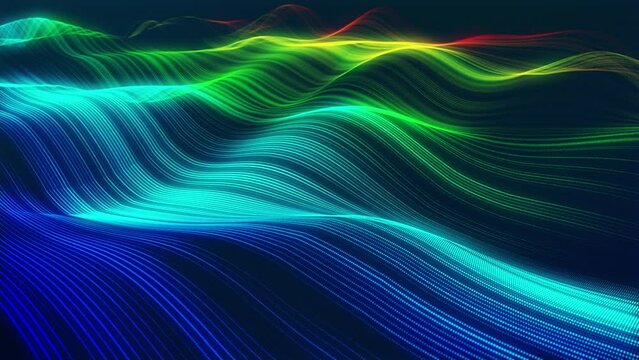 Rainbow colors strings. Stunning surface composed of neon glow particles that form waves of light. Captivating seamless looped animation. Design is perfect for various applications, events, shows.