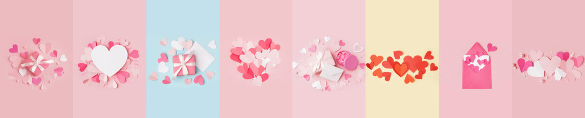 Collage with many paper hearts on color background. Valentine's Day celebration