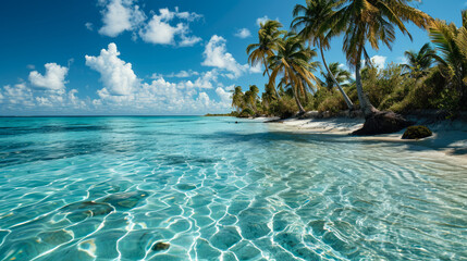 Beach of an Island in the Tropical Caribbean Tropical Island  Dreamlike Landscape Wallpaper Background Brainstorming Family Digital Art Magazine Poster