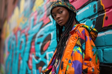 Female model in a vibrant streetwear outfit, graffiti-covered urban background