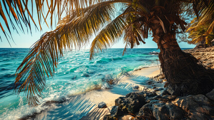 Fototapeta premium Beach of an Island in the Tropical Caribbean Tropical Island Dreamlike Landscape Wallpaper Background Brainstorming Family Digital Art Magazine Poster