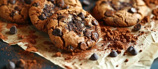 Fototapeta premium Handmade organic chocolate chip cookies and cocoa powder on baking paper for a healthy breakfast.