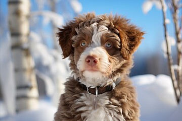 Beautiful Lagotto Romagnolo Puppy Playing Outdoors in Winter with Snow and Ample Copy Space