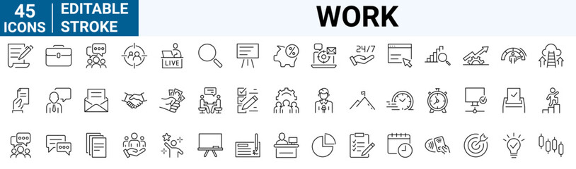 Work web line icon. Containing job, working, employee, project, teamwork, employment, meeting, appointment and more. Vector