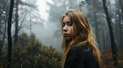 A young woman looks back in a foggy, barren forest.