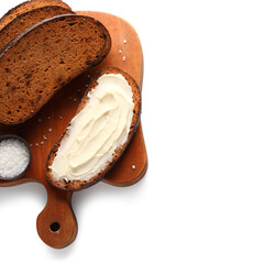 Tasty sandwiches with cream cheese on white background