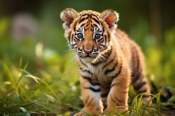 Cute baby tiger on the vibrant green grass with ample room for text or messages © chelmicky