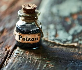 A Glass Poison Bottle of Black Ink on a Wooden Table