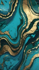 The image illustrates a captivating abstract pattern with deep teal and dark blue hues elegantly intertwined with gold accents, creating a sophisticated and luxurious marbled effect.