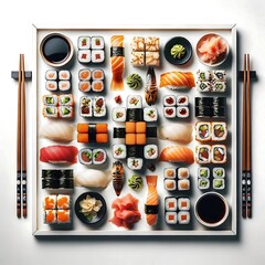 Assortiment de sushis et makis variés avec saumon, thon, garnitures colorées, wasabi et sauce soja, présentation soignée. - obrazy, fototapety, plakaty