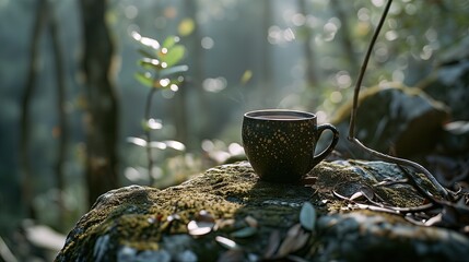 A cup of coffee rests on a rock amidst the morning light filtering through a forest.