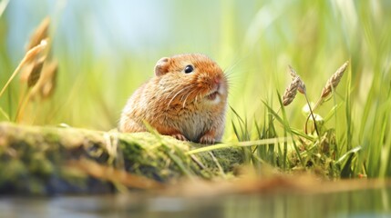  a small rodent sitting on top of a log in a field of tall grass next to a body of water.