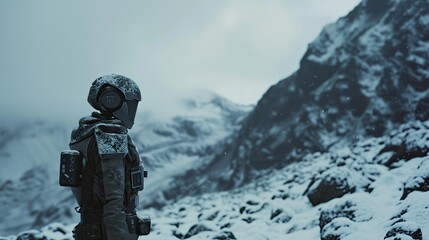 A robot stands against a backdrop of snow-covered mountains.