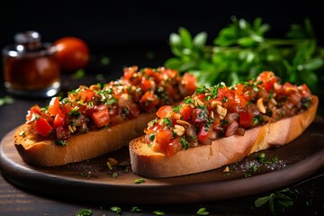 Appetizing Bruschetta. Delicious Italian Dish with Copy Space for Text on the Plate