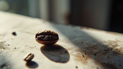 A single coffee bean lies on a weathered surface, basking in sunlight.