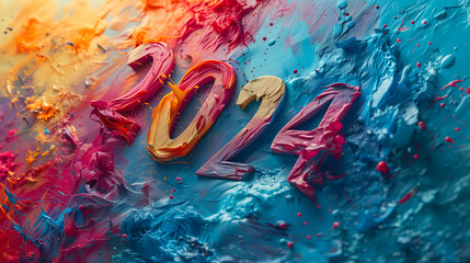 Colorful 2024 painted boldly in textured splatters on an artistic background