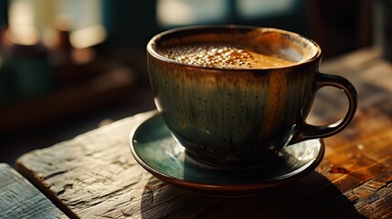 A steaming cup of coffee rests on a rustic wooden table, bathed in warm light.