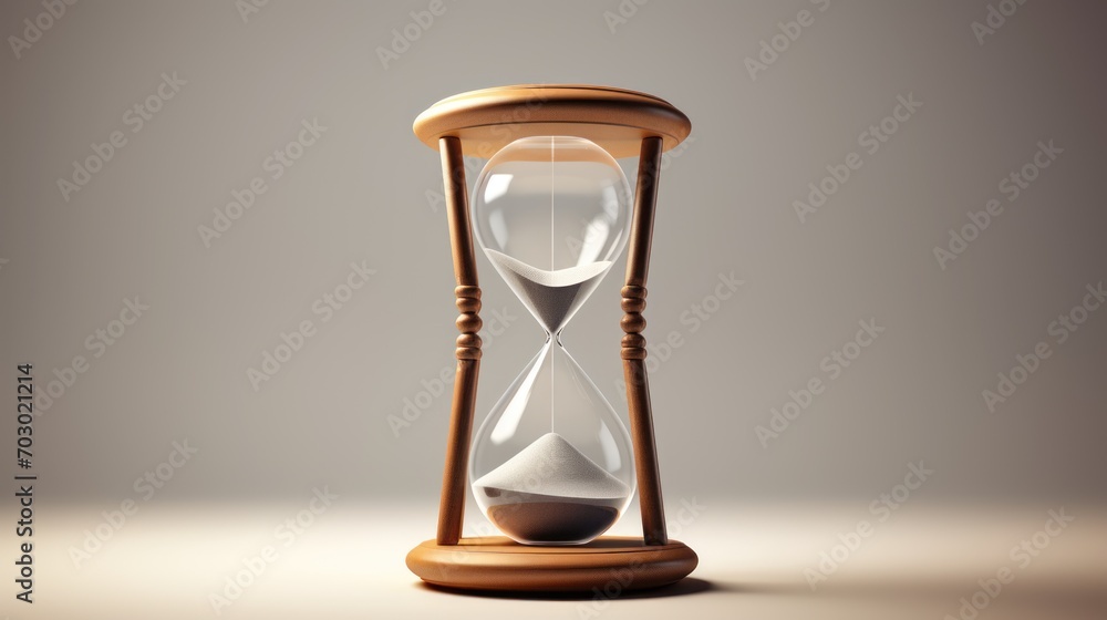 Poster an hourglass with sand inside of it on a white and gray background with a shadow from the top of the